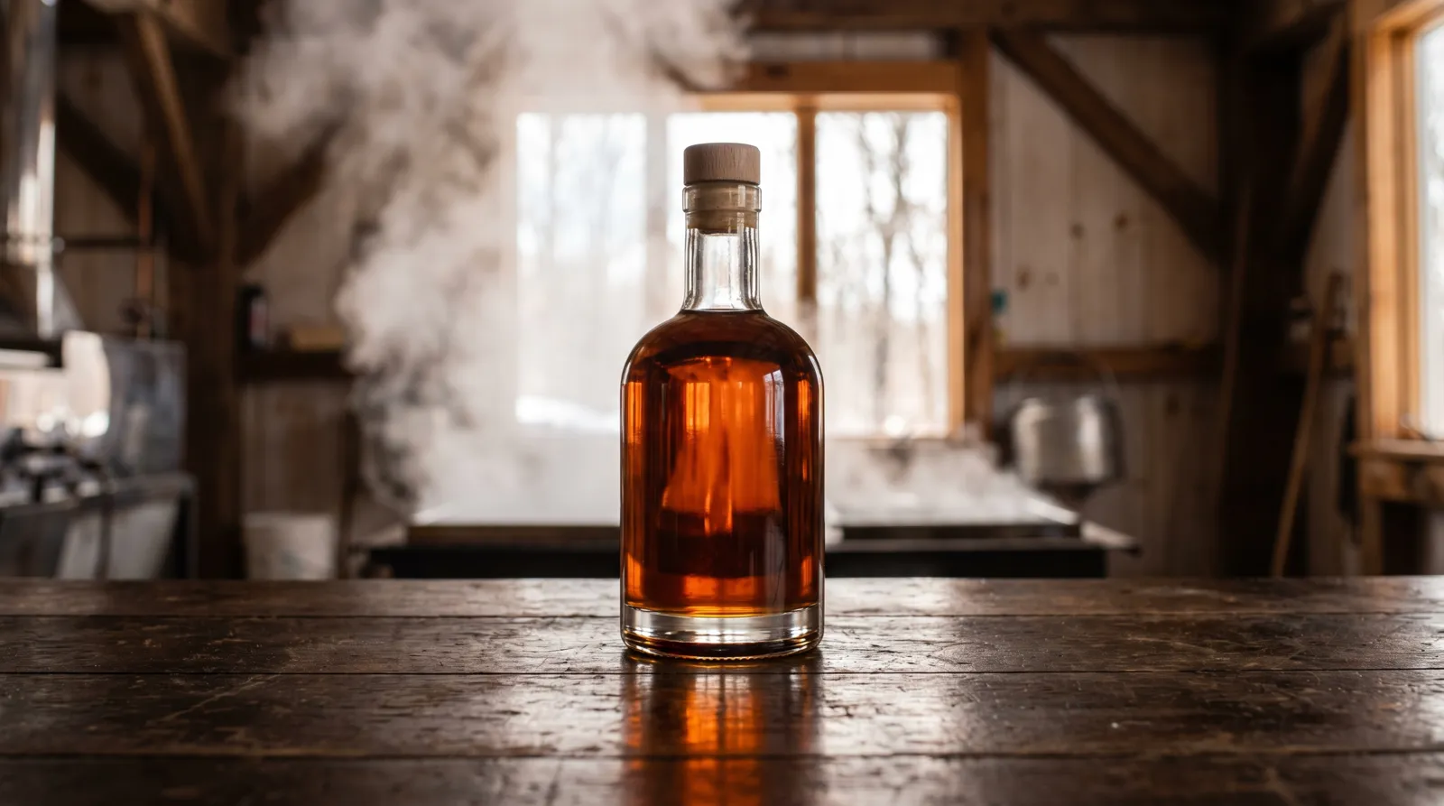A glass bottle of amber maple syrup on a worn wooden table inside a steamy sugarhouse