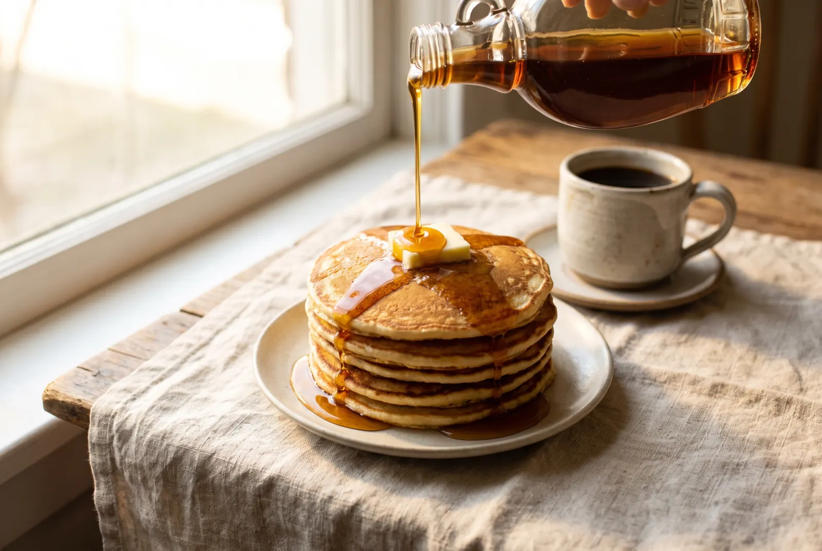 Amber maple syrup pouring from a glass bottle over a stack of buttermilk pancakes, with a mug of coffee behind