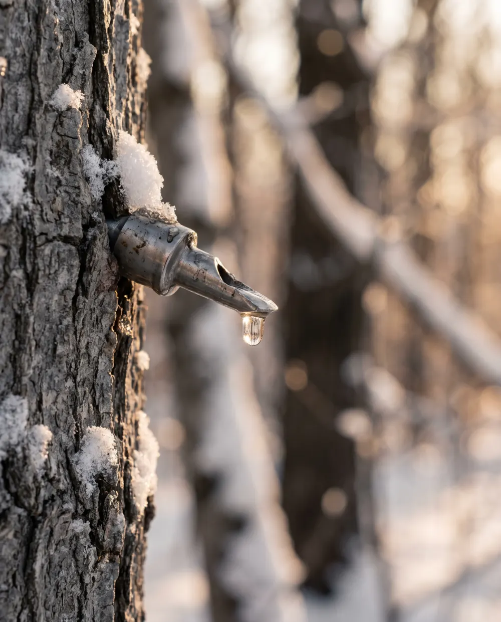 A steel tap in the bark of a sugar maple with a single drop of clear sap at its tip