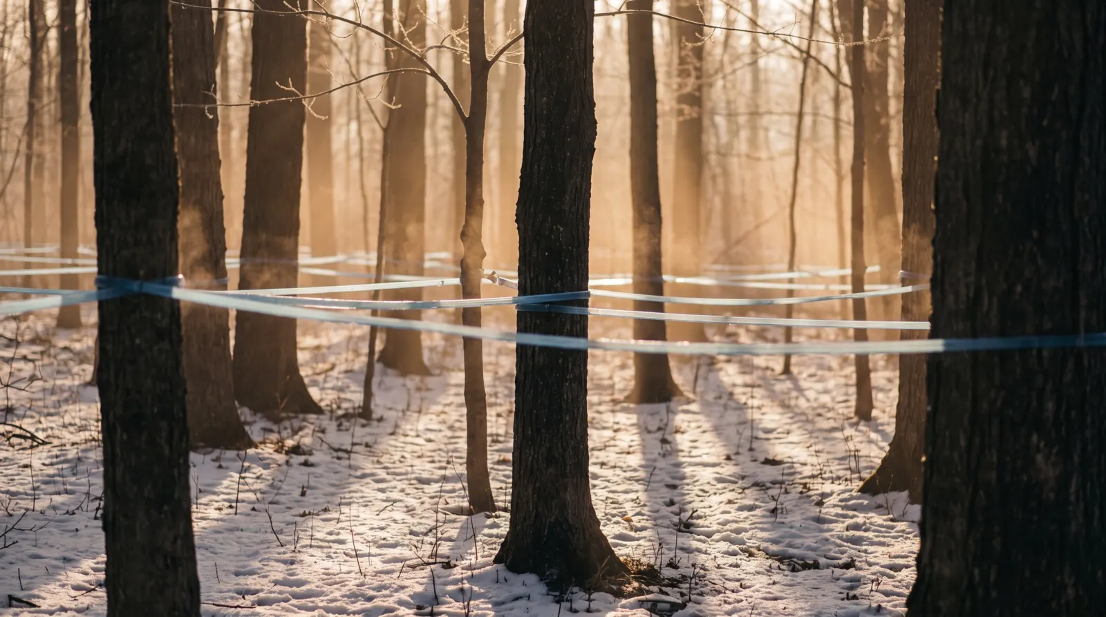 A snowy sugar maple woods at dawn with blue sap lines strung between the trunks